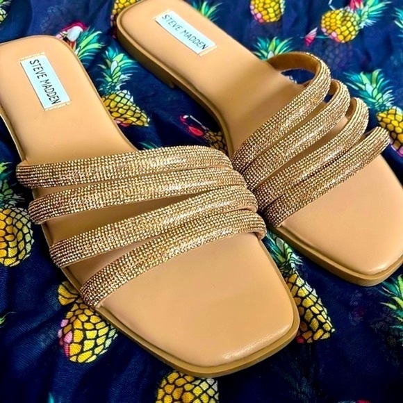 Brand New Steve Madden Rhinestone Multi-Strap Slip-On Sandals Bling Bronze Slide - Picture 12 of 15